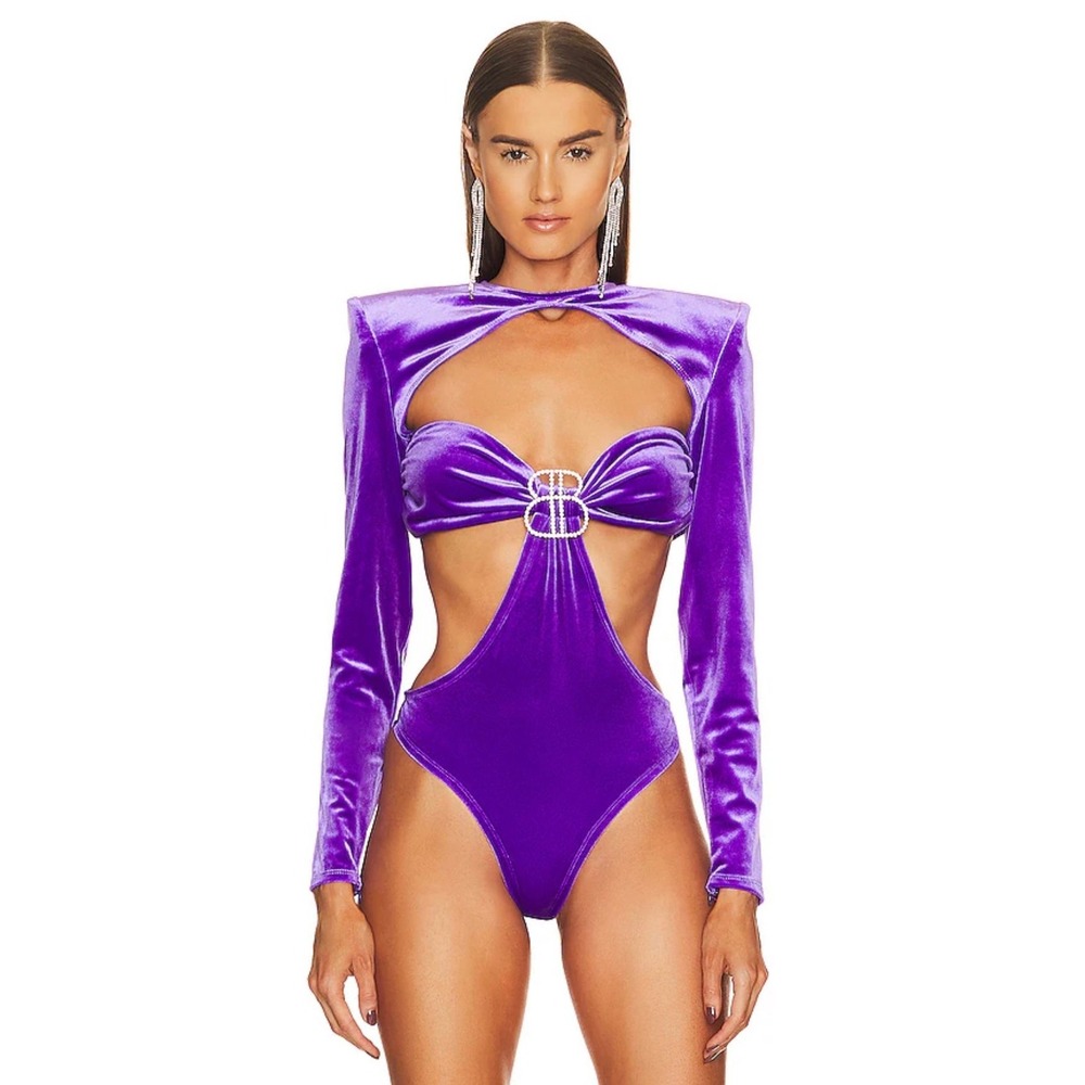 Bronx & Banco Purple Velvet Cutout Embellished Bodysuit Women's XS‎
